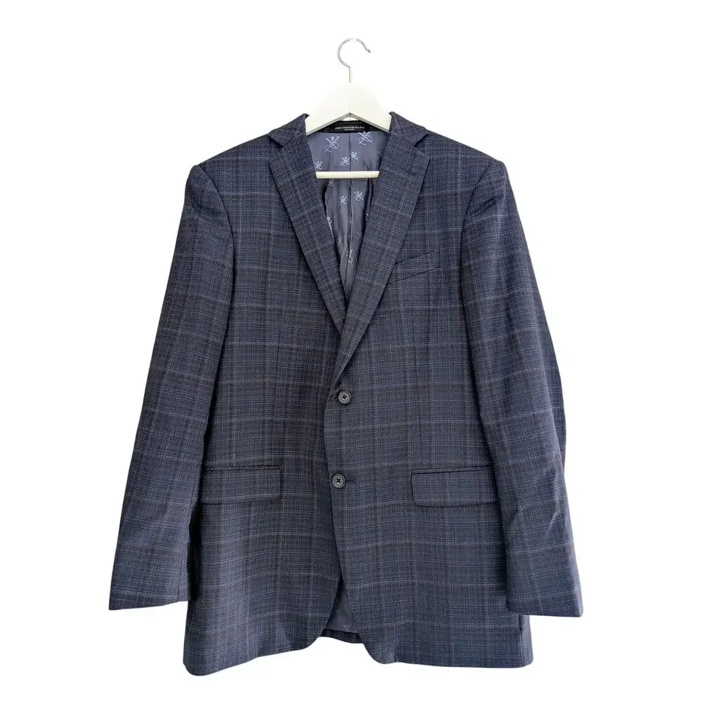 John Varvatos Men's Bleecker Check Wool Blend Blue Plaid 2-Button Sport Coat 40L